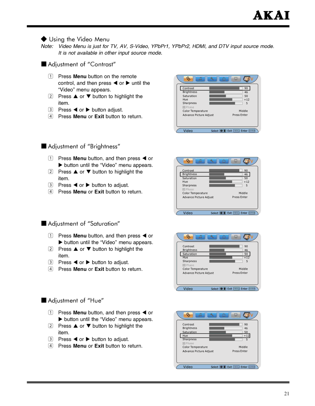 Akai LCT3785TA manual Using the Video Menu Adjustment of Contrast, Adjustment of Brightness, Adjustment of Saturation 