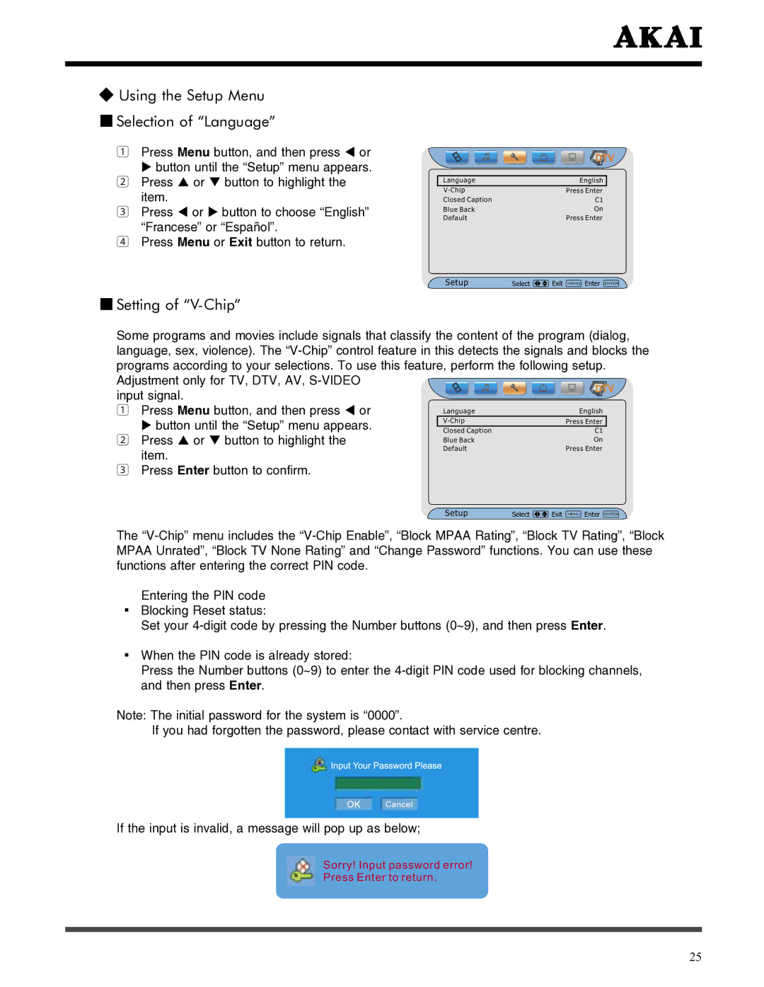 Akai LCT3785TA manual Using the Setup Menu Selection of Language, Setting of V-Chip 