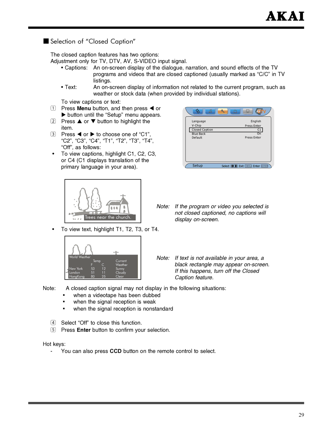 Akai LCT3785TA manual Selection of Closed Caption 