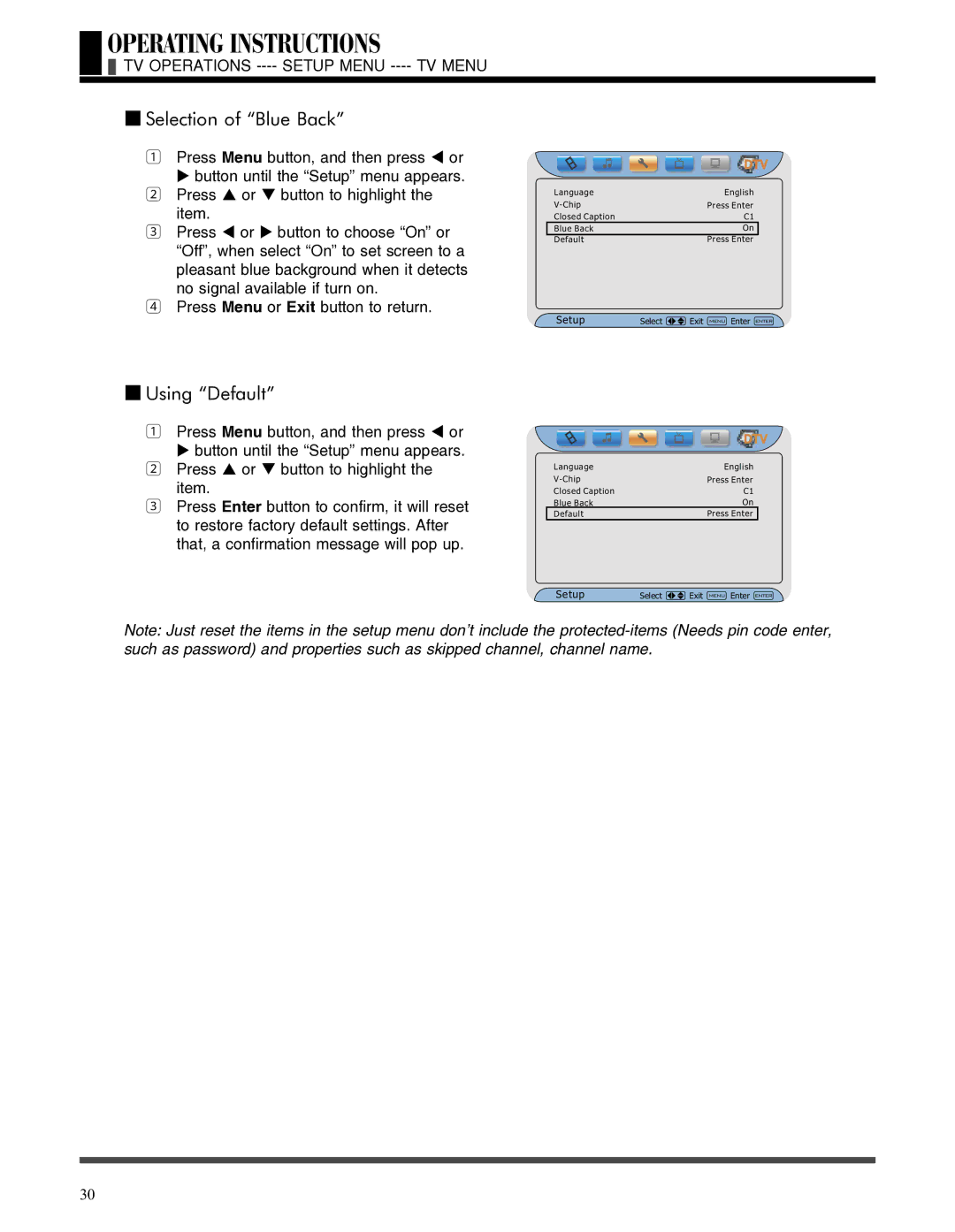 Akai LCT3785TA manual Selection of Blue Back, Using Default, TV Operations ---- Setup Menu ---- TV Menu 