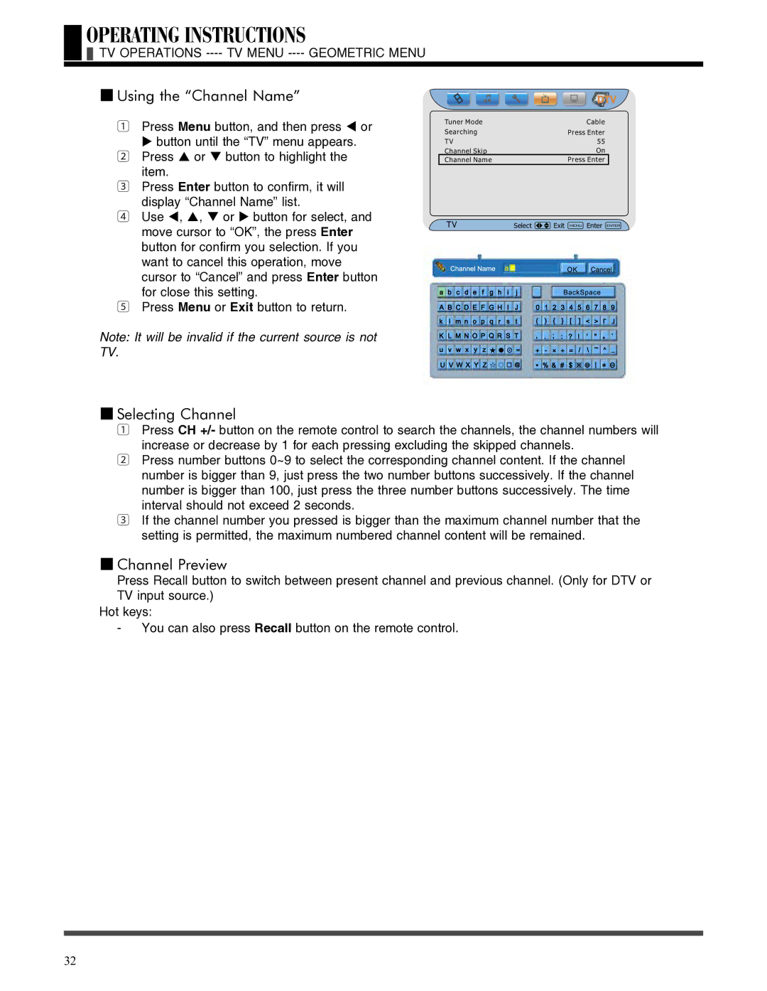 Akai LCT3785TA Using the Channel Name, Selecting Channel, Channel Preview, TV Operations ---- TV Menu ---- Geometric Menu 