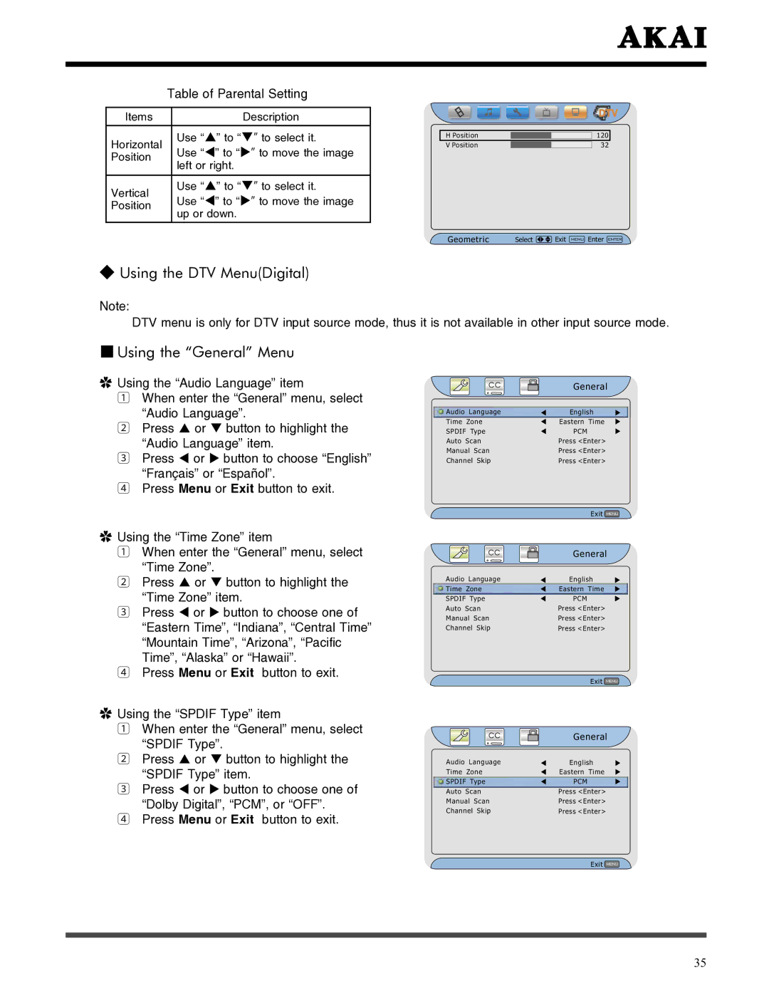 Akai LCT3785TA manual Using the DTV MenuDigital, Using the General Menu 