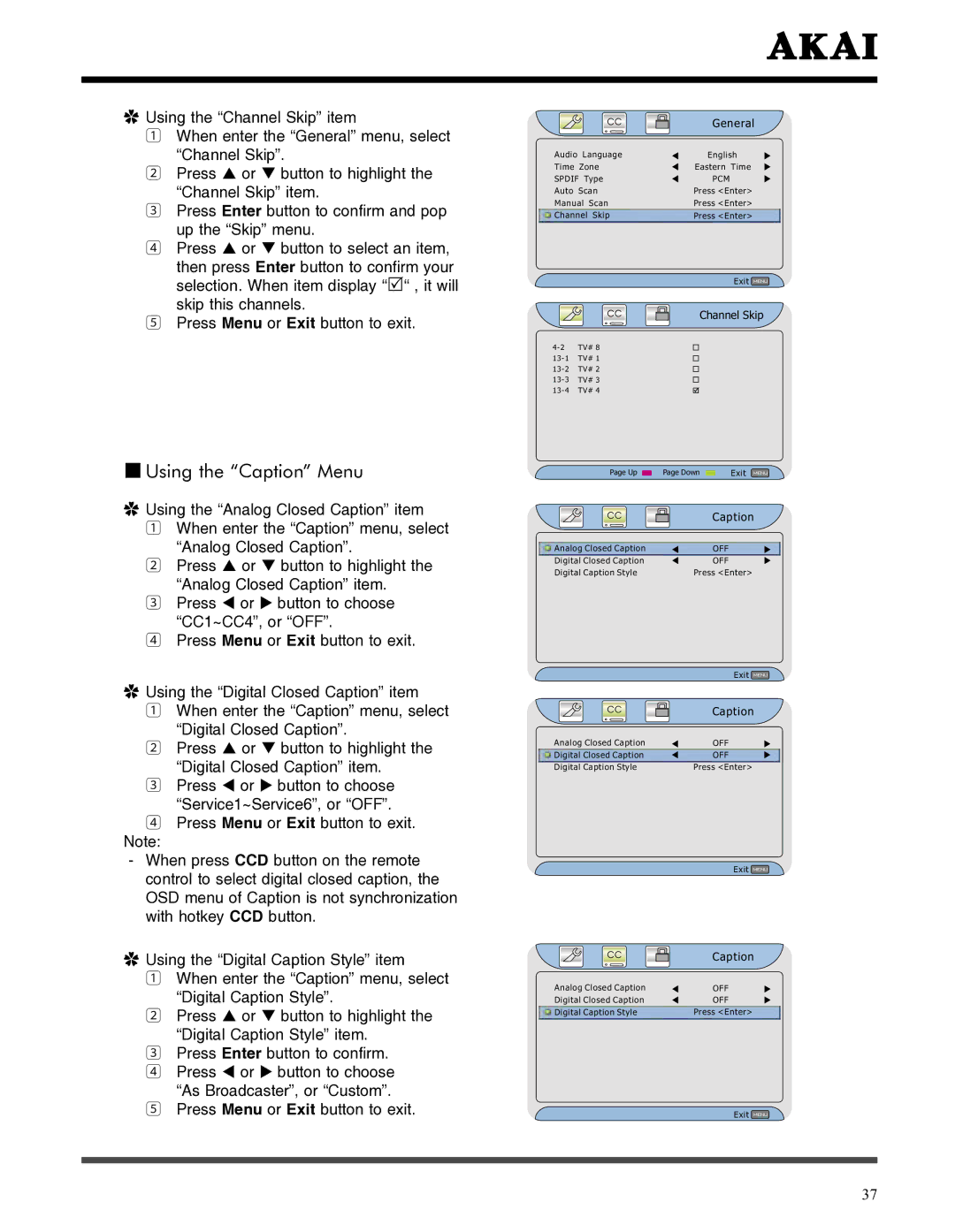 Akai LCT3785TA manual Using the Caption Menu 