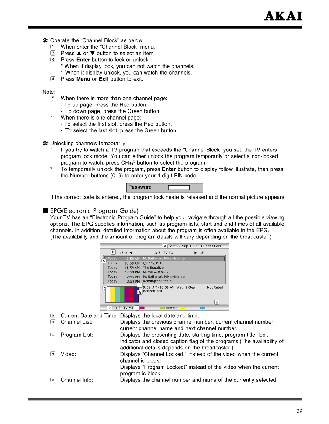 Akai LCT3785TA manual EPGElectronic Program Guide, Today 959 AM Spillane’s Mike Hammer 