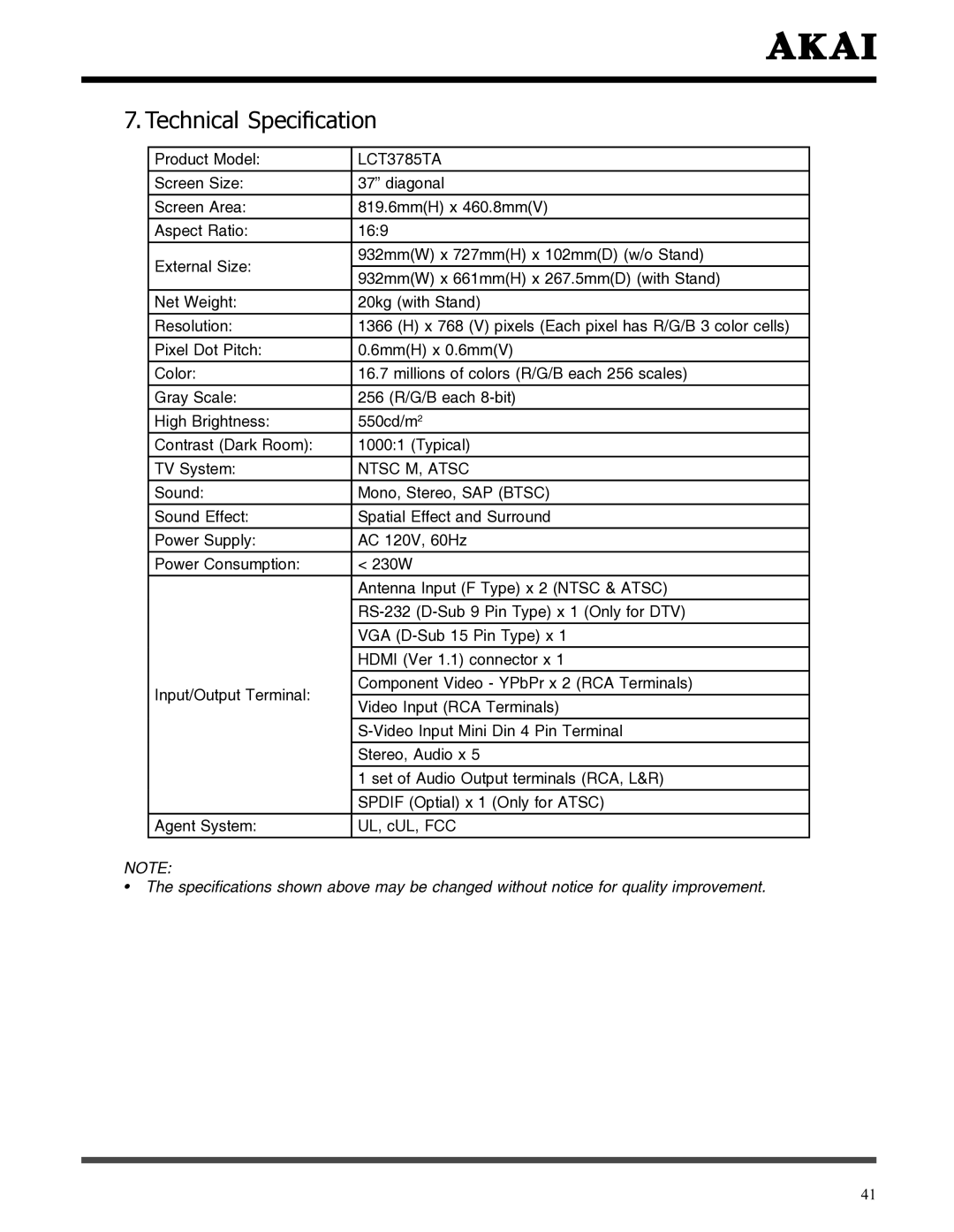 Akai LCT3785TA manual Technical Speciﬁcation, Ntsc M, Atsc 