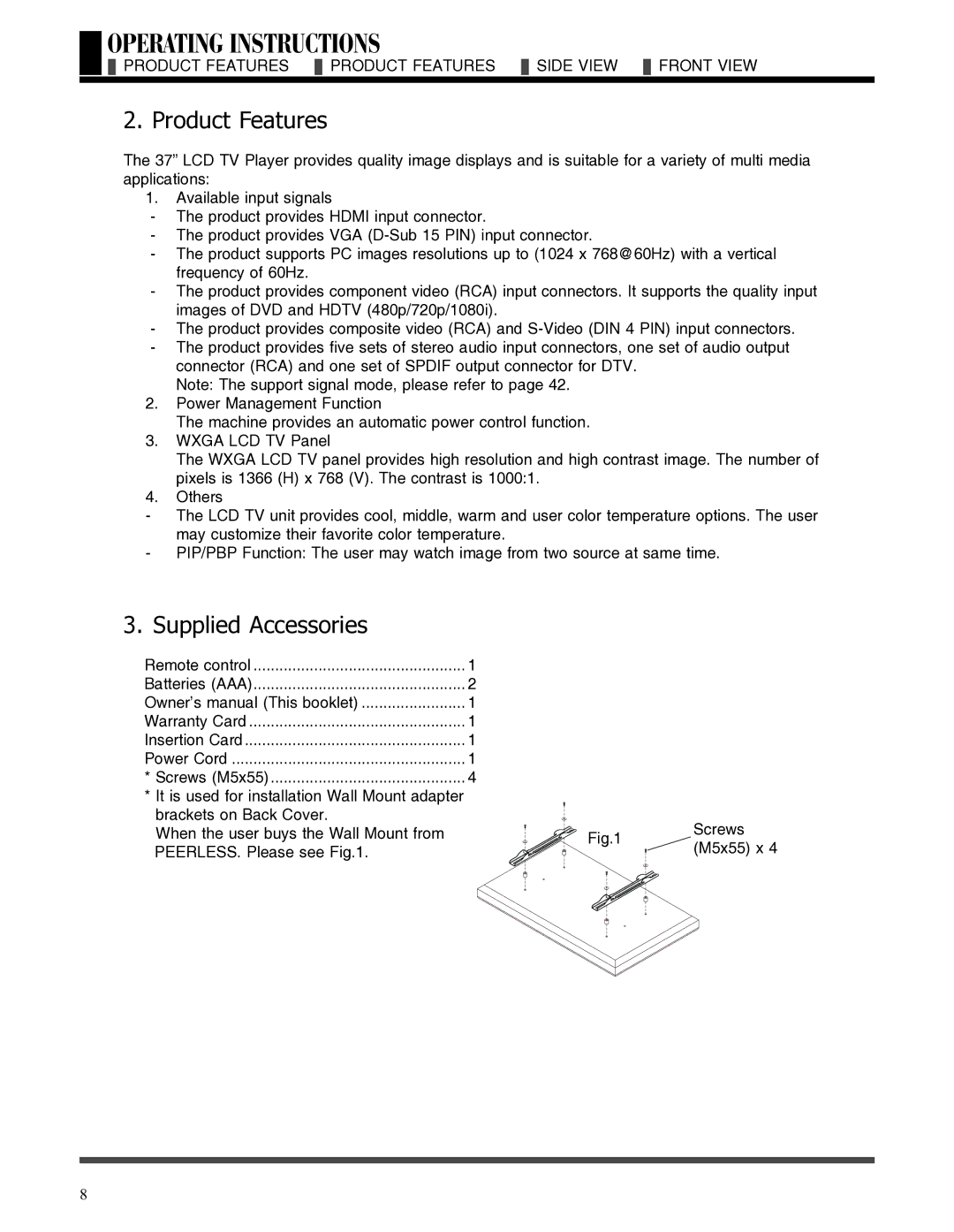 Akai LCT3785TA manual Supplied Accessories, Product Features Side View Front View 