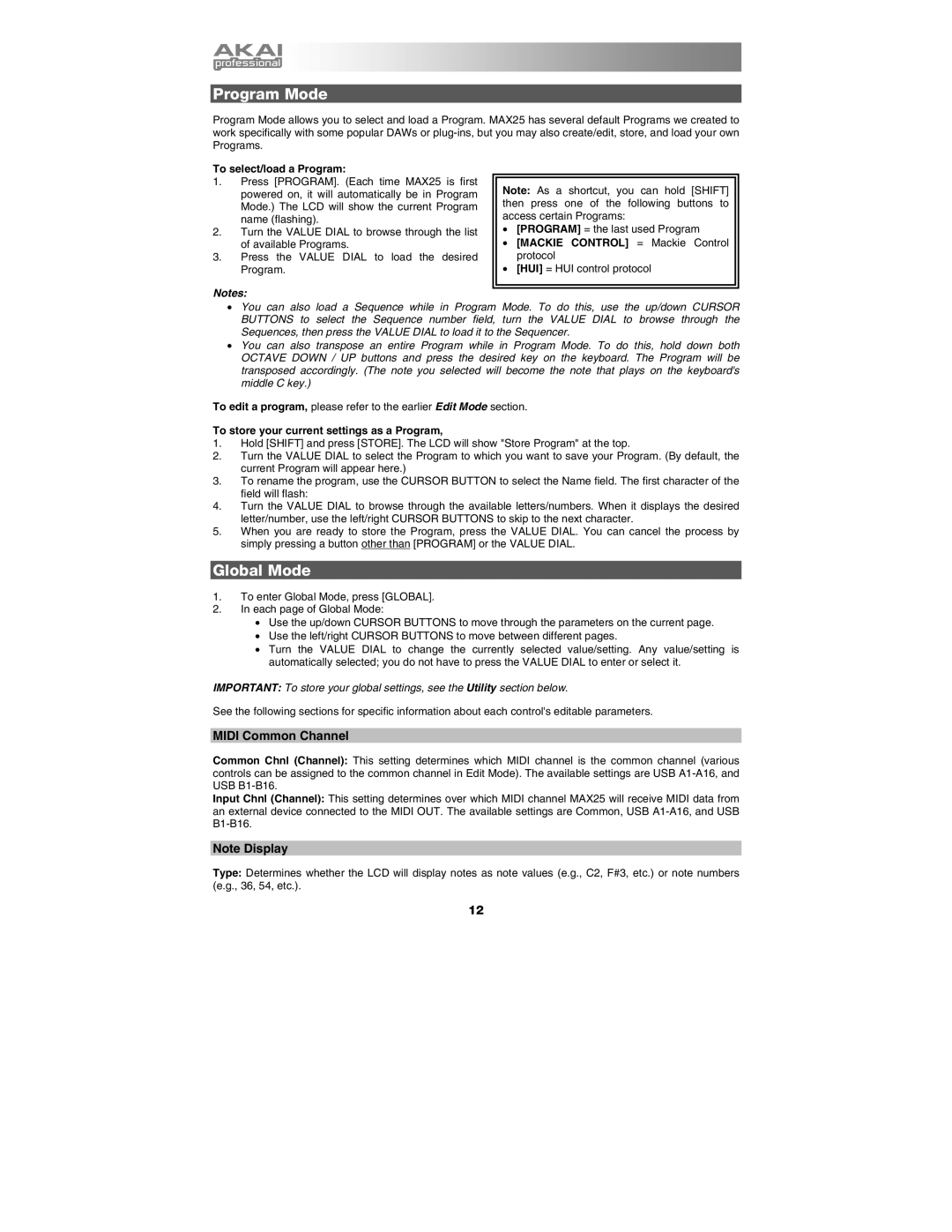 Akai MAX25 appendix Program Mode, Global Mode, Midi Common Channel 