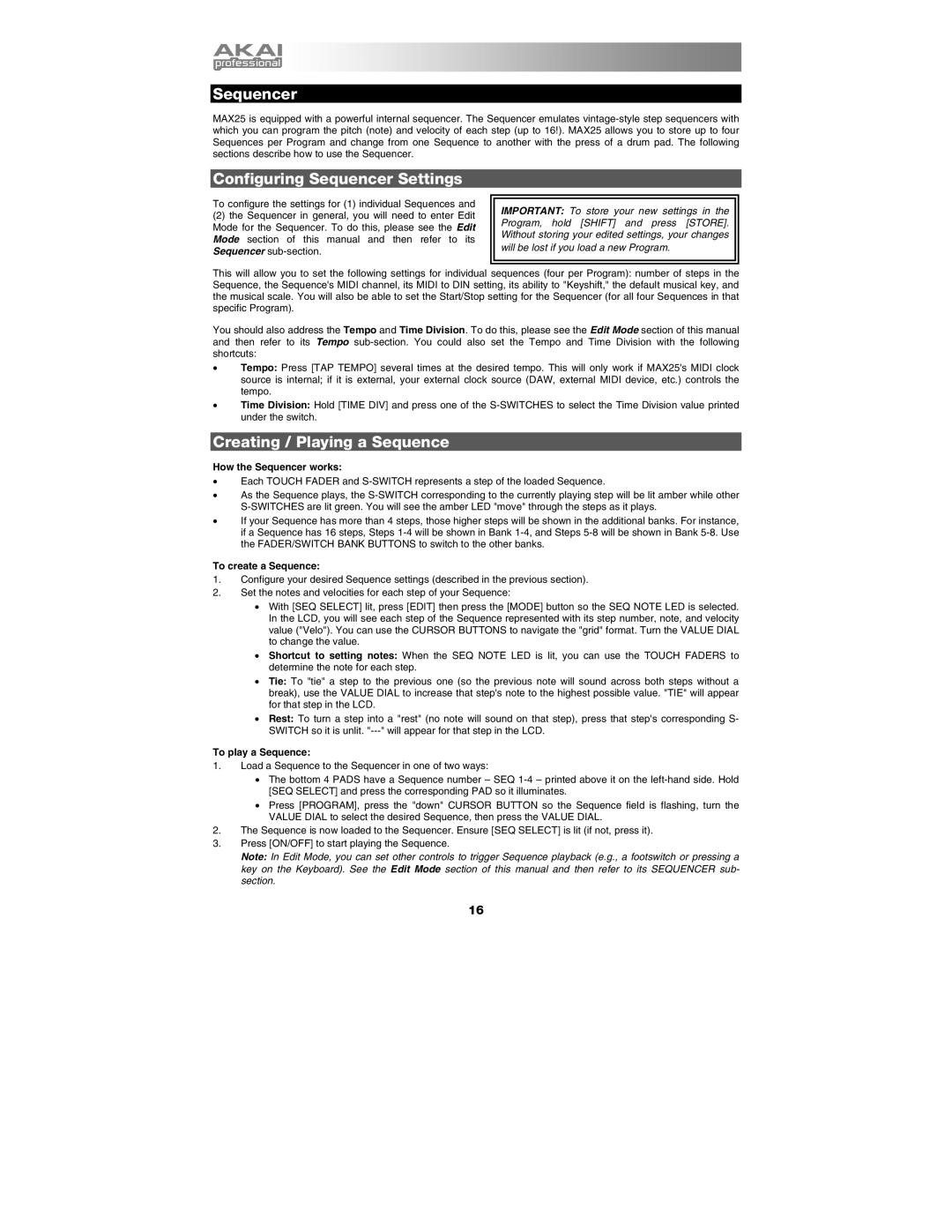 Akai MAX25 appendix Configuring Sequencer Settings, Creating / Playing a Sequence 