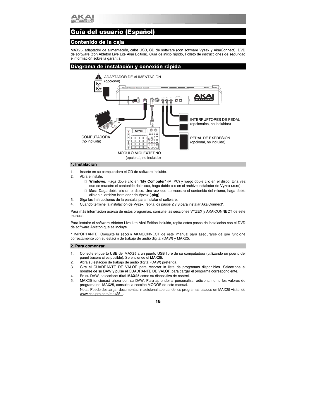 Akai MAX25 appendix Contenido de la caja, Diagrama de instalación y conexión rápida, Instalación, Para comenzar 