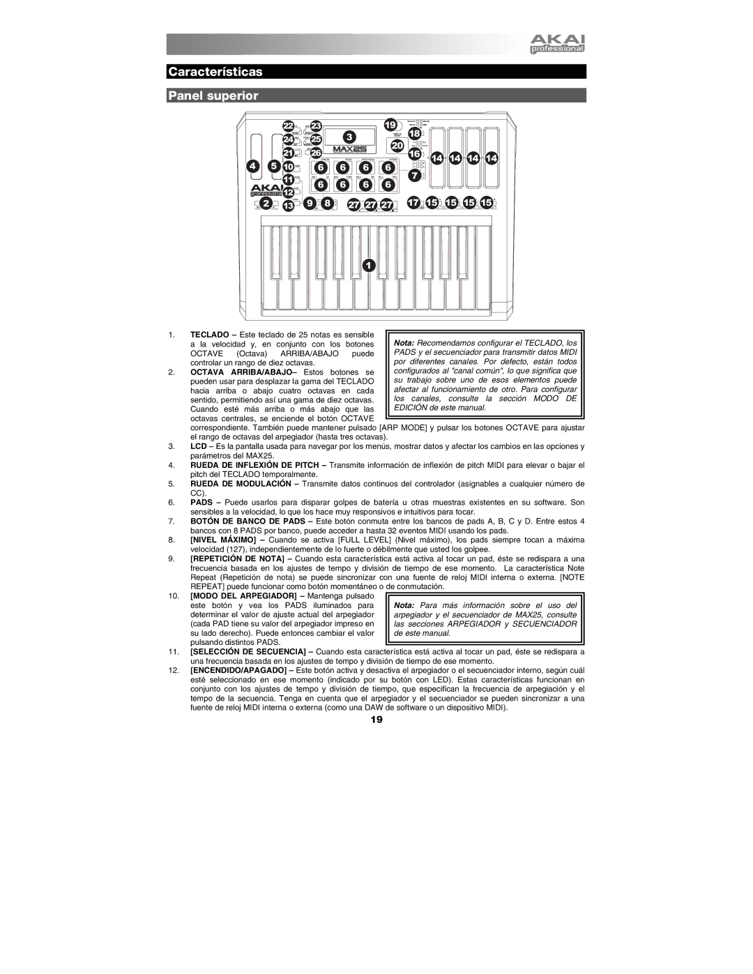 Akai MAX25 appendix Características Panel superior, Modo DEL Arpegiador Mantenga pulsado 