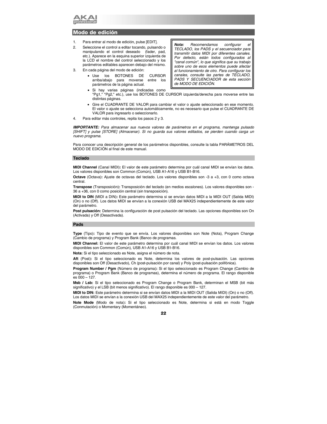 Akai MAX25 appendix Modo de edición, Teclado 
