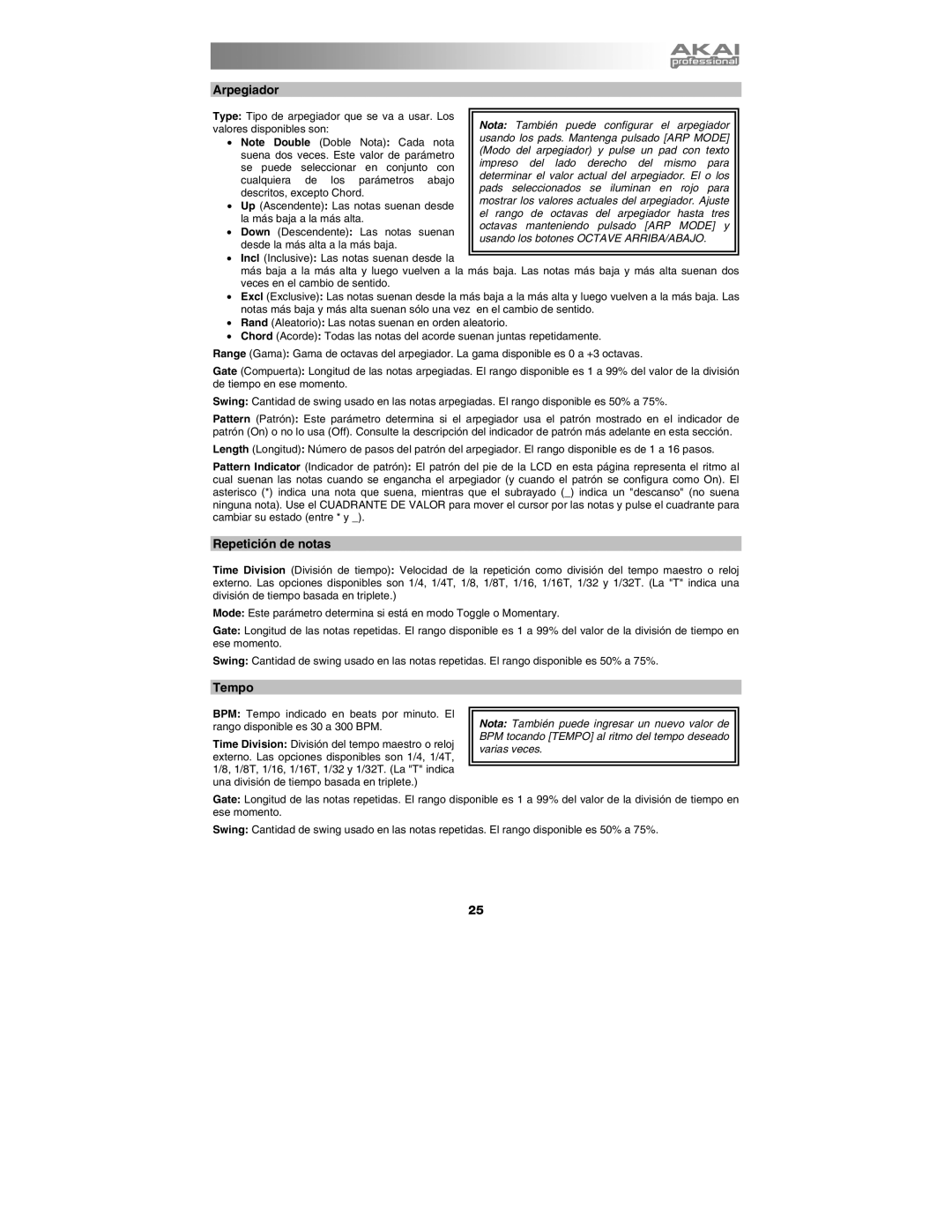 Akai MAX25 appendix Arpegiador, Repetición de notas 