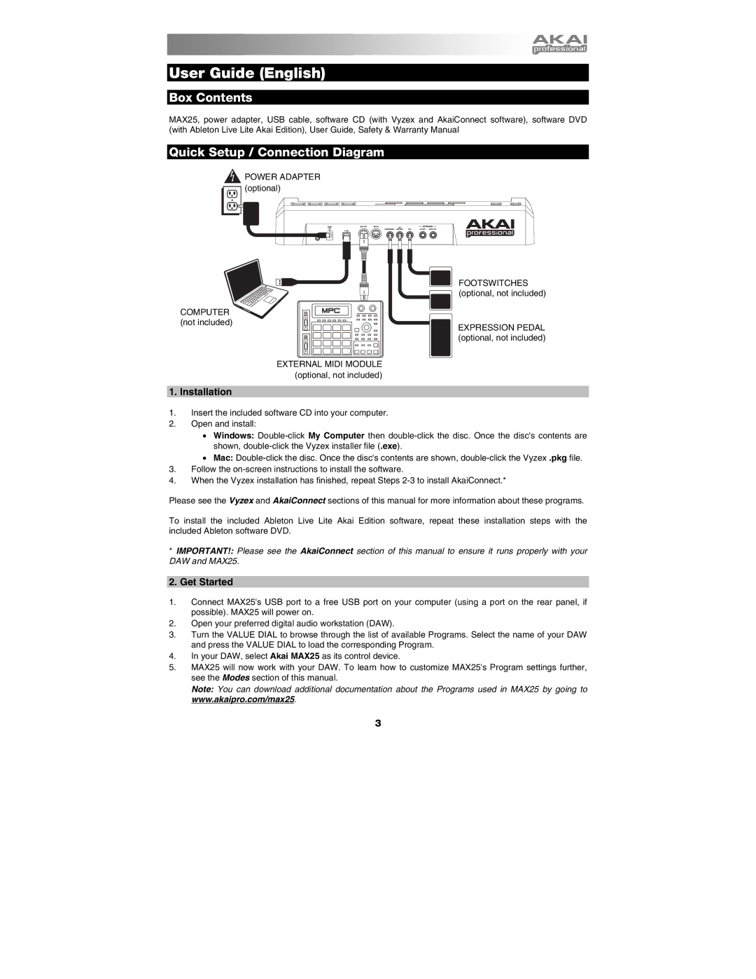 Akai MAX25 appendix Box Contents, Quick Setup / Connection Diagram 