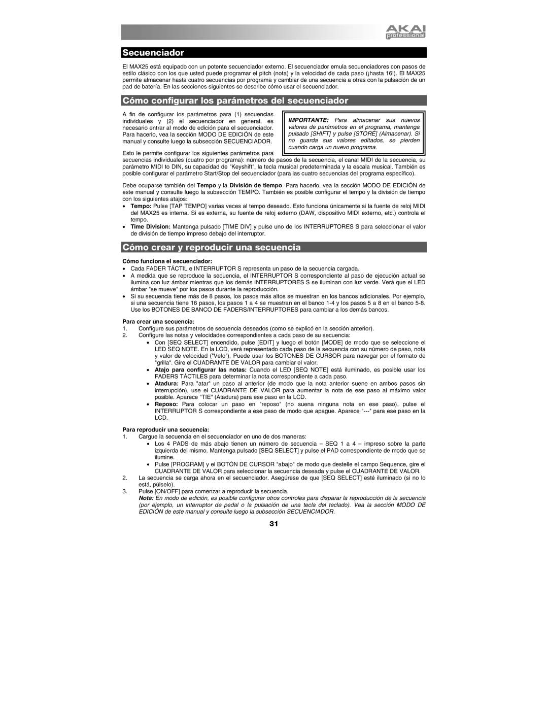 Akai MAX25 appendix Secuenciador, Cómo configurar los parámetros del secuenciador, Cómo crear y reproducir una secuencia 