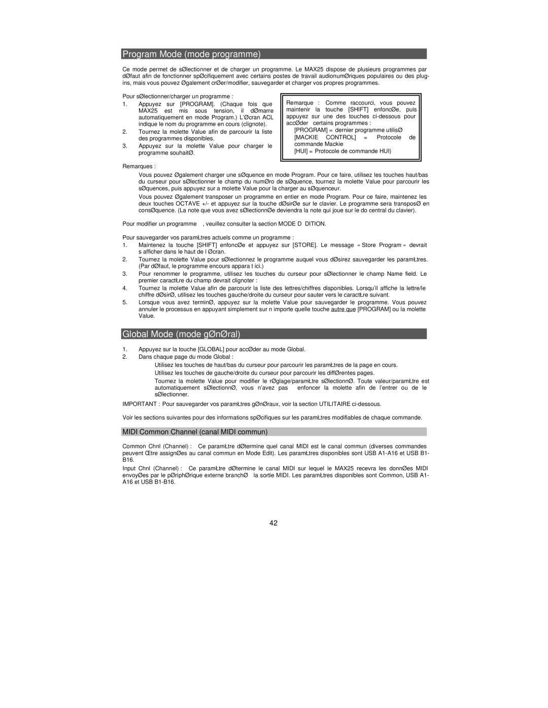 Akai MAX25 appendix Program Mode mode programme, Global Mode mode général, Midi Common Channel canal Midi commun 