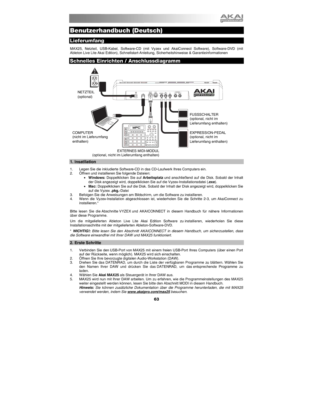 Akai MAX25 appendix Lieferumfang, Schnelles Einrichten / Anschlussdiagramm, Insatllation, Erste Schritte 