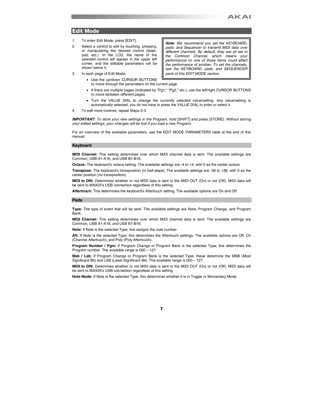 Akai MAX25 appendix Edit Mode, Keyboard, Pads 
