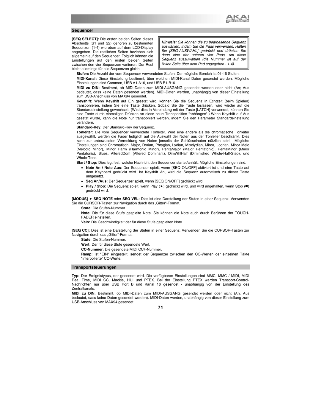 Akai MAX25 appendix Sequencer, Transportsteuerungen 