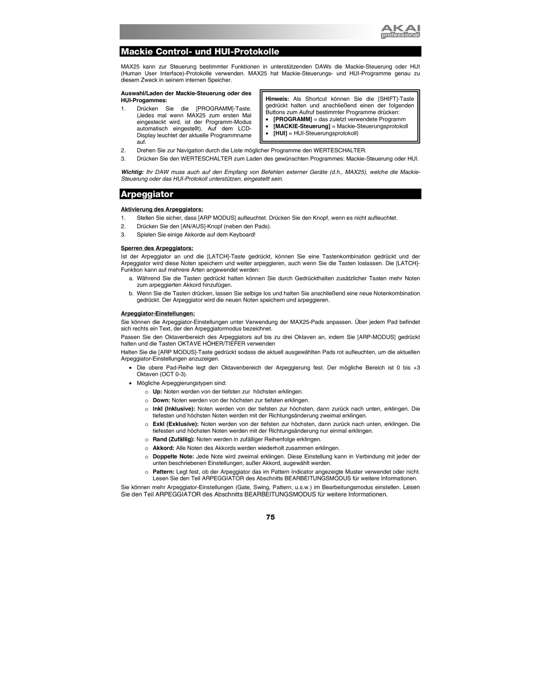 Akai MAX25 appendix Mackie Control- und HUI-Protokolle, Auswahl/Laden der Mackie-Steuerung oder des HUI-Progammes 