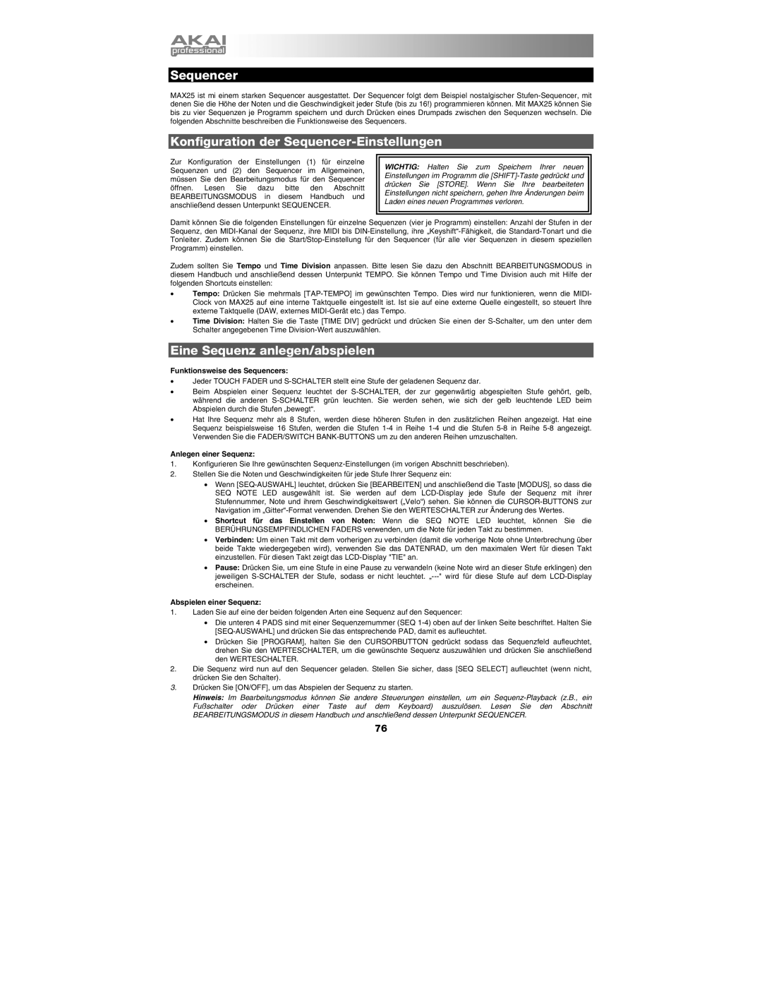 Akai MAX25 appendix Konfiguration der Sequencer-Einstellungen, Eine Sequenz anlegen/abspielen 