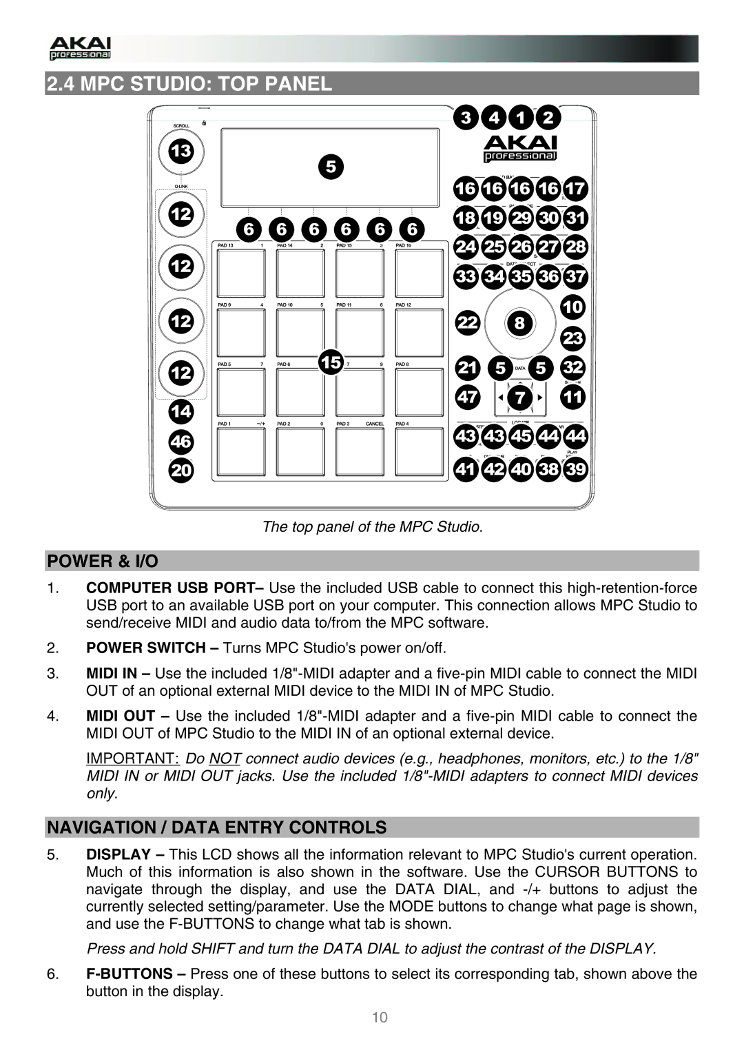 Akai manual MPC Studio TOP Panel, Power & I/O, Top panel of the MPC Studio 