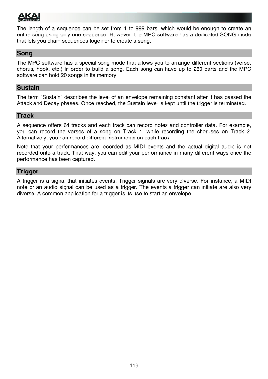 Akai MPC manual Song, Sustain, Track, Trigger 