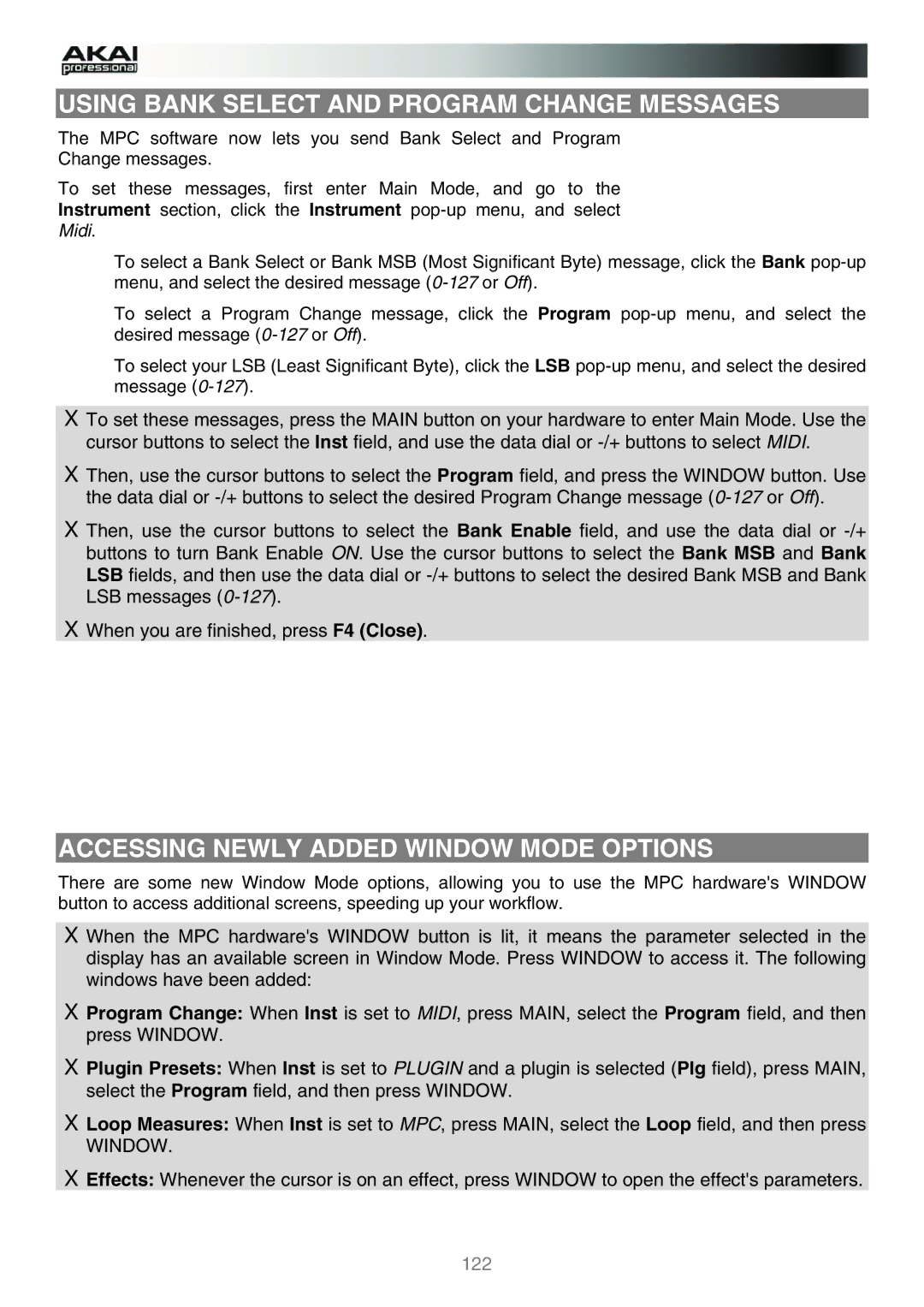 Akai MPC manual Using Bank Select and Program Change Messages, Accessing Newly Added Window Mode Options 