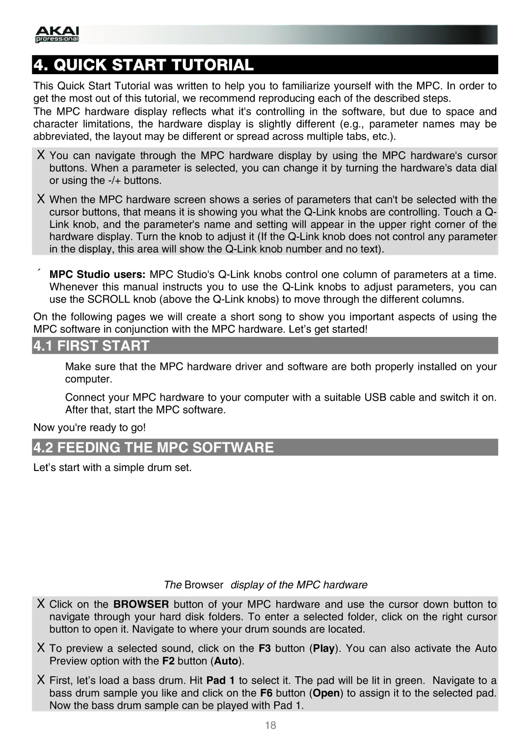 Akai manual First Start, Feeding the MPC Software, Browser display of the MPC hardware 