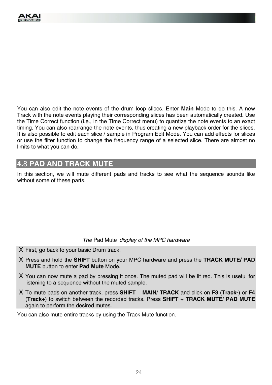 Akai manual PAD and Track Mute, Pad Mute display of the MPC hardware 