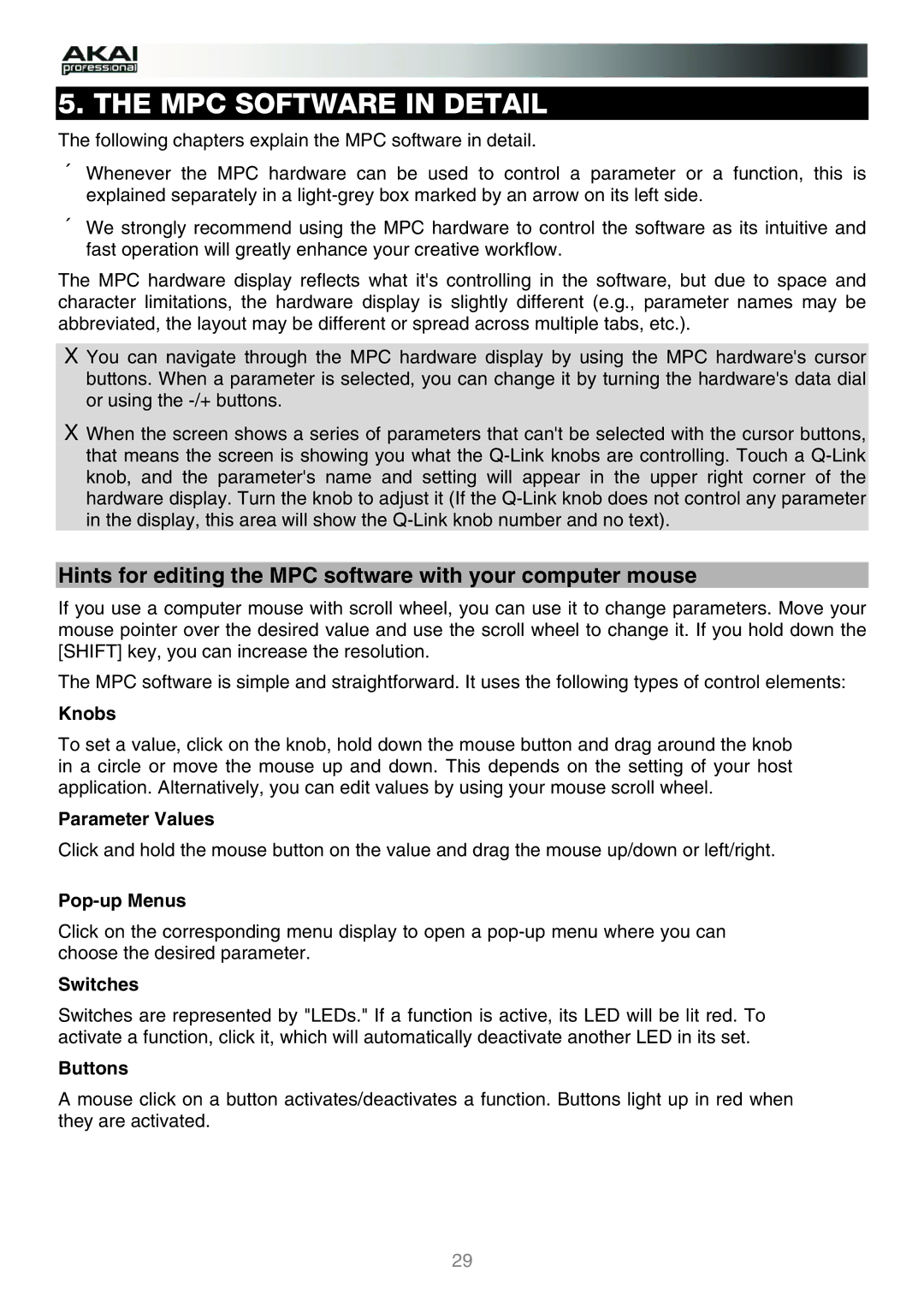 Akai manual Hints for editing the MPC software with your computer mouse 