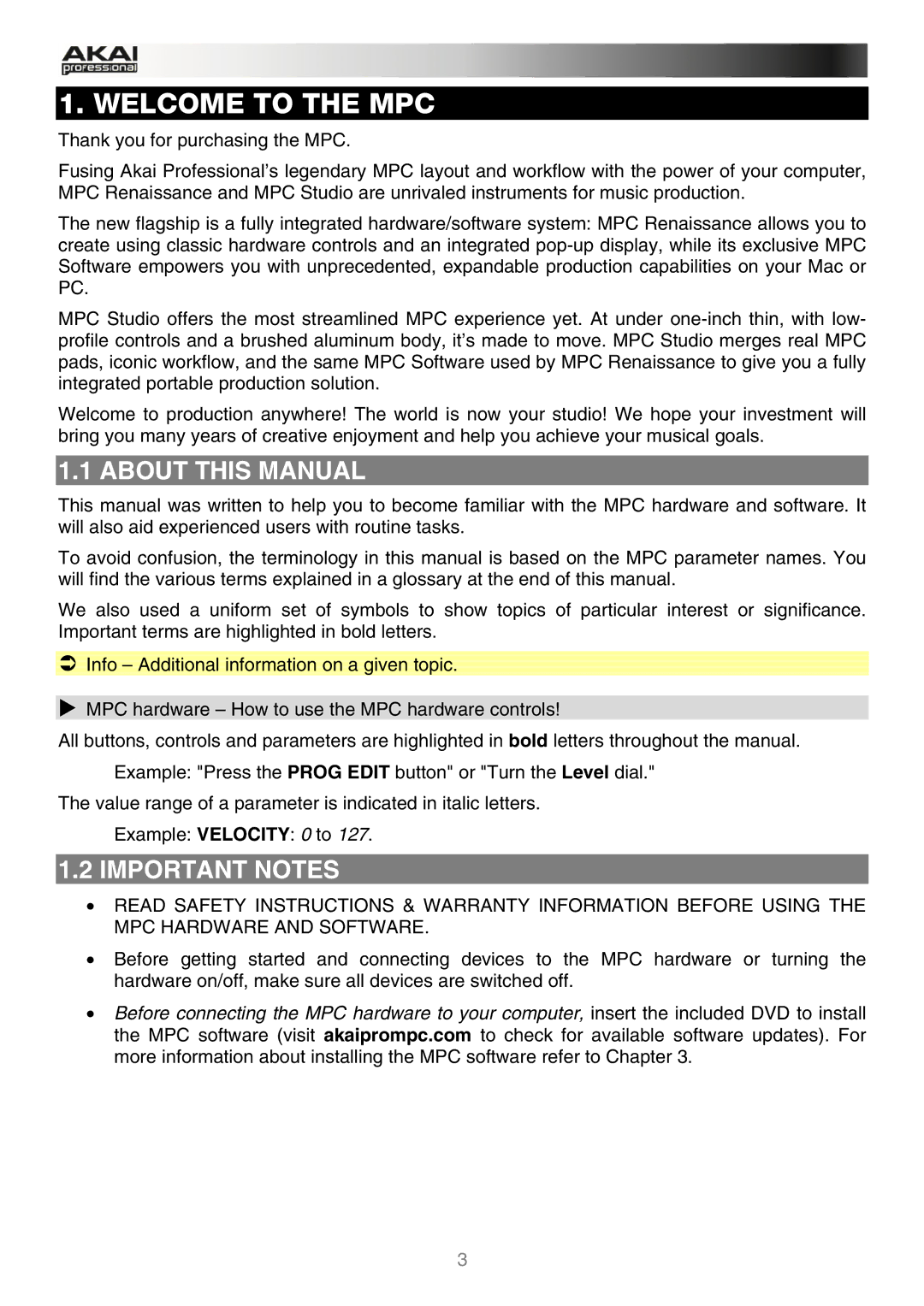 Akai MPC manual About this Manual, Important Notes 