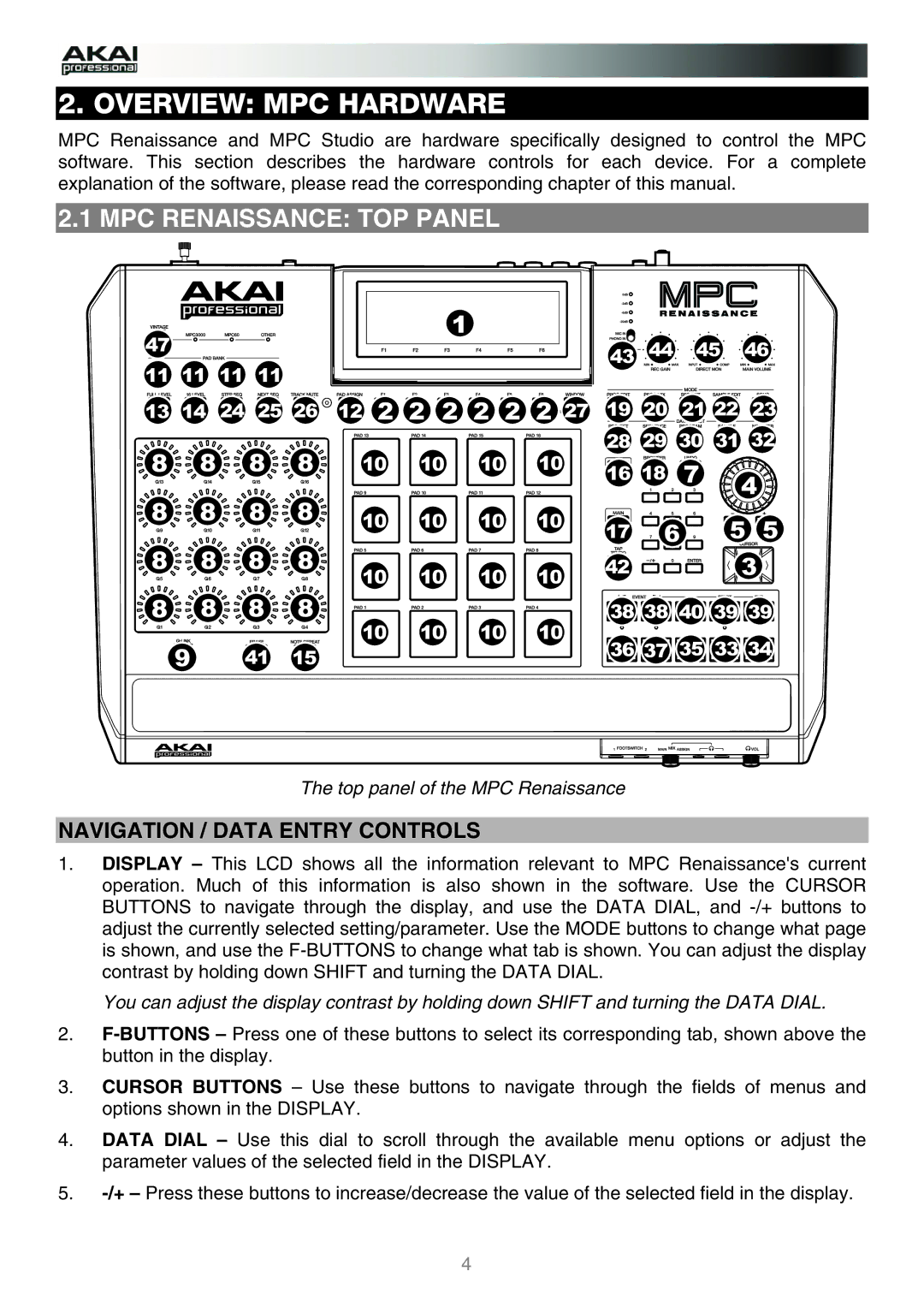 Akai manual MPC Renaissance TOP Panel, Navigation / Data Entry Controls, Top panel of the MPC Renaissance 