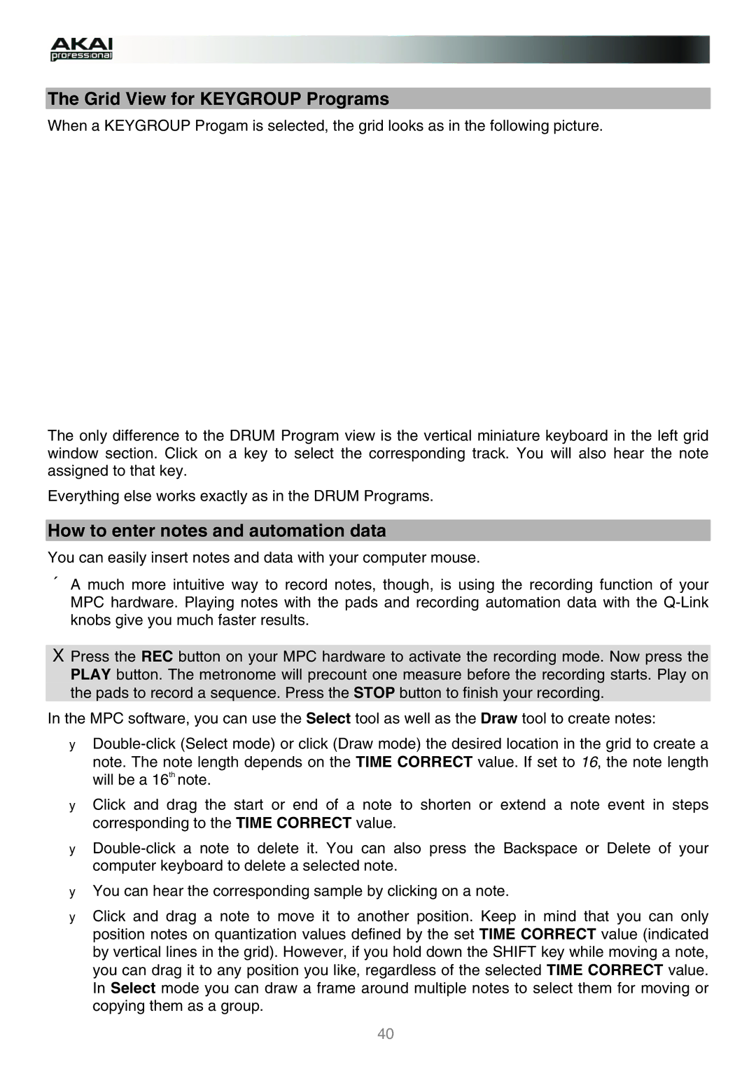 Akai MPC manual Grid View for Keygroup Programs, How to enter notes and automation data 