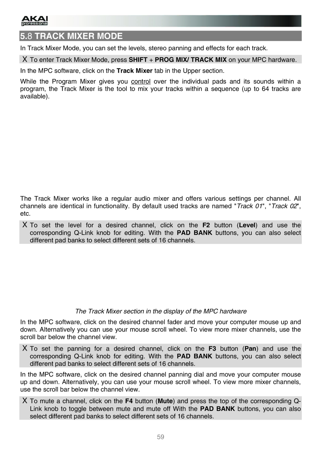 Akai manual Track Mixer Mode, Track Mixer section in the display of the MPC hardware 