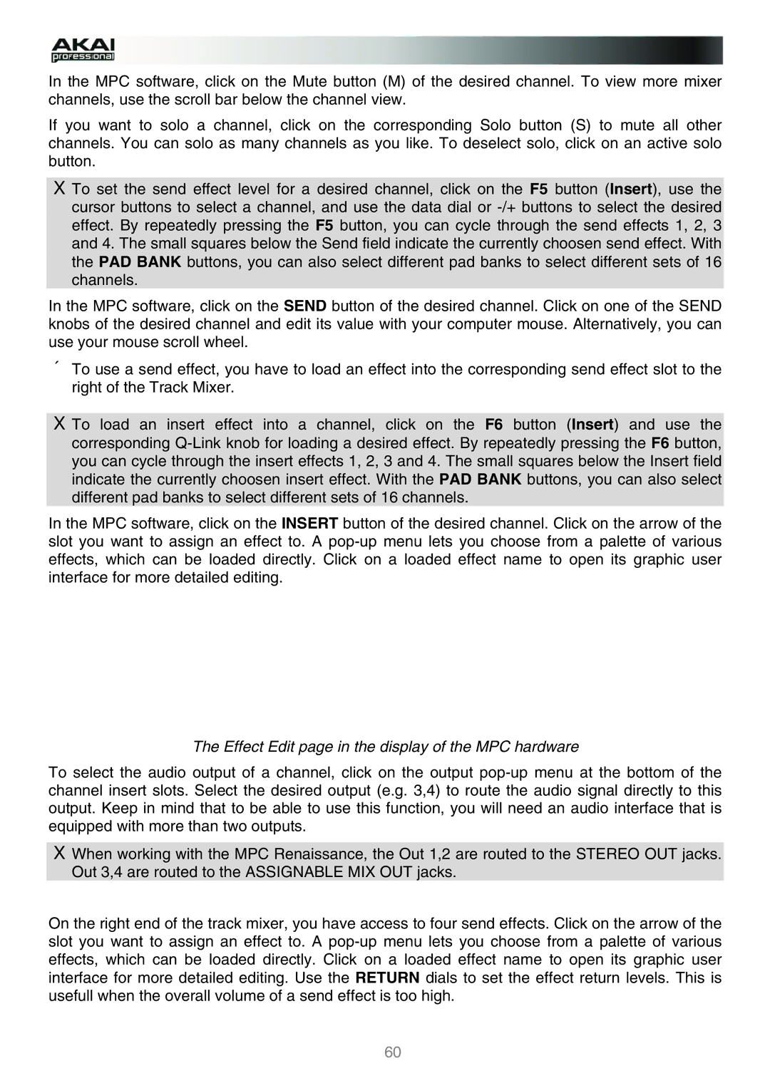 Akai manual Effect Edit page in the display of the MPC hardware 