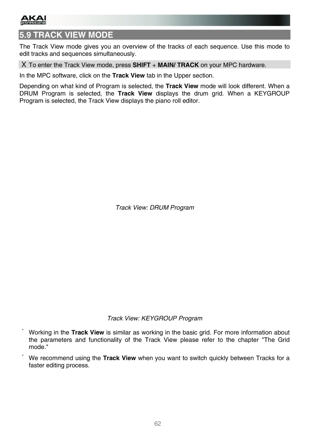 Akai MPC manual Track View Mode, Track View Drum Program Track View Keygroup Program 