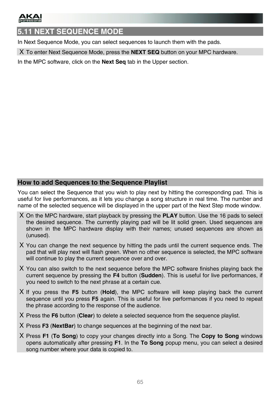 Akai MPC manual Next Sequence Mode, How to add Sequences to the Sequence Playlist 