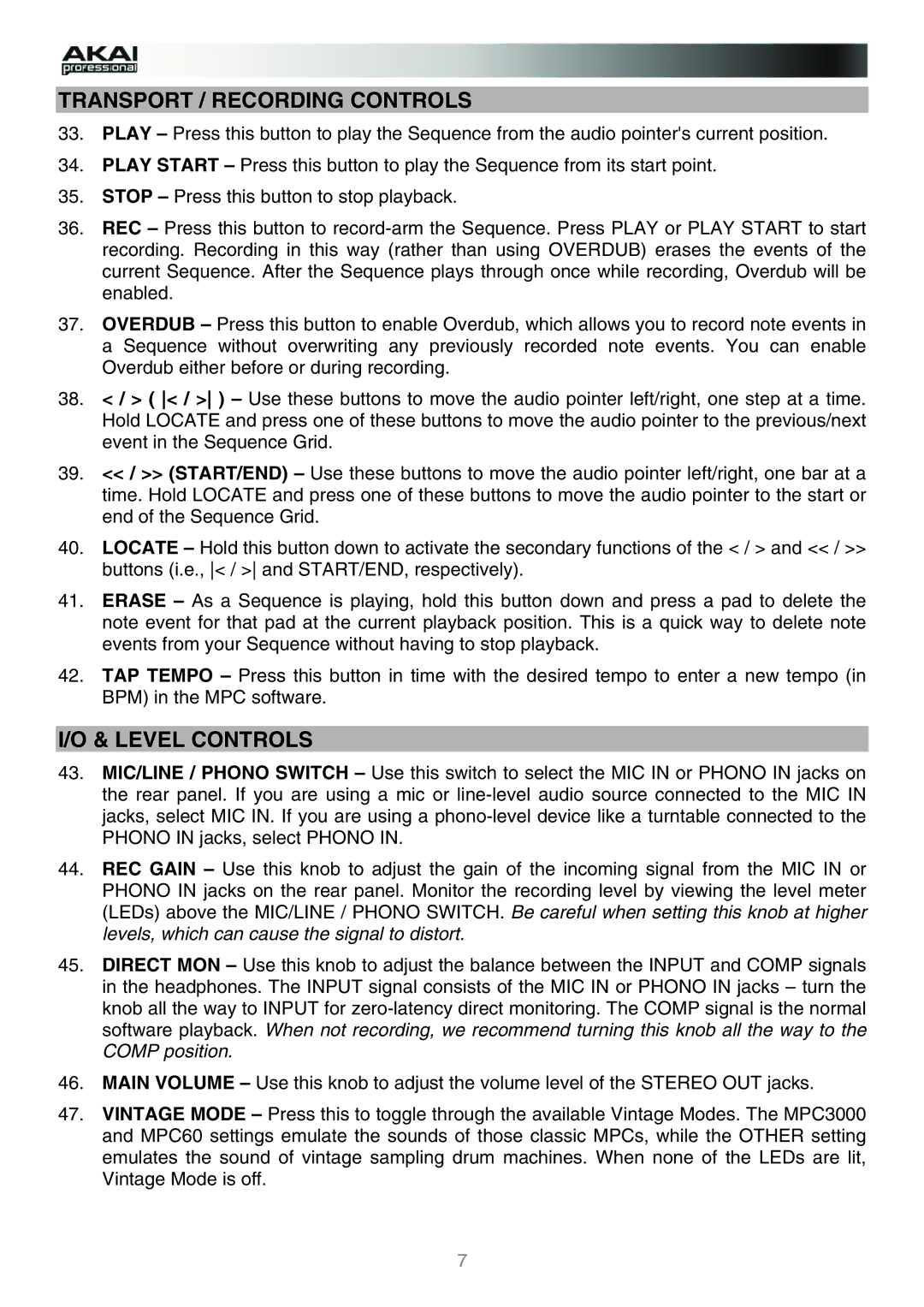 Akai MPC manual Transport / Recording Controls, Level Controls 