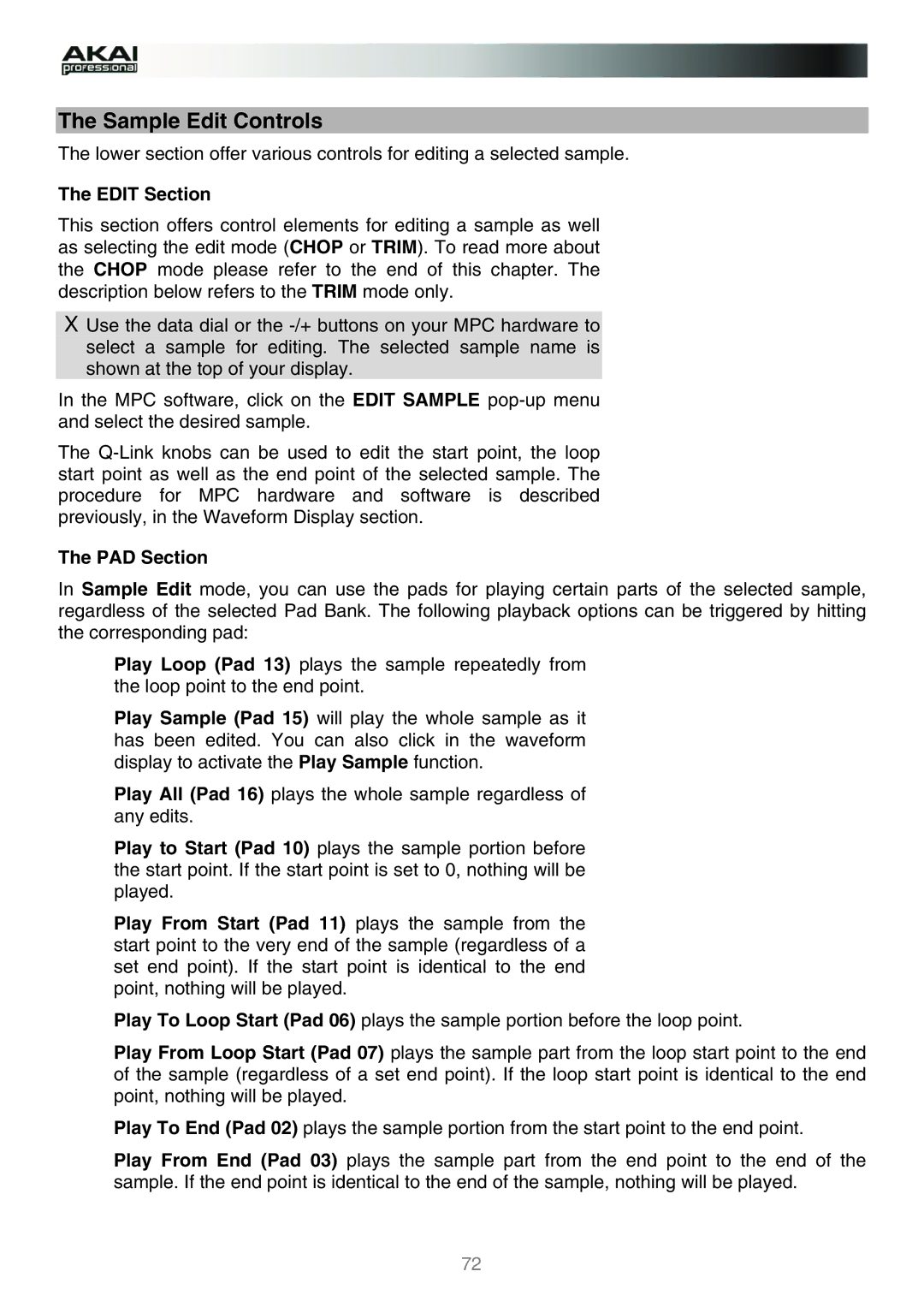 Akai MPC manual Sample Edit Controls, Edit Section, PAD Section 