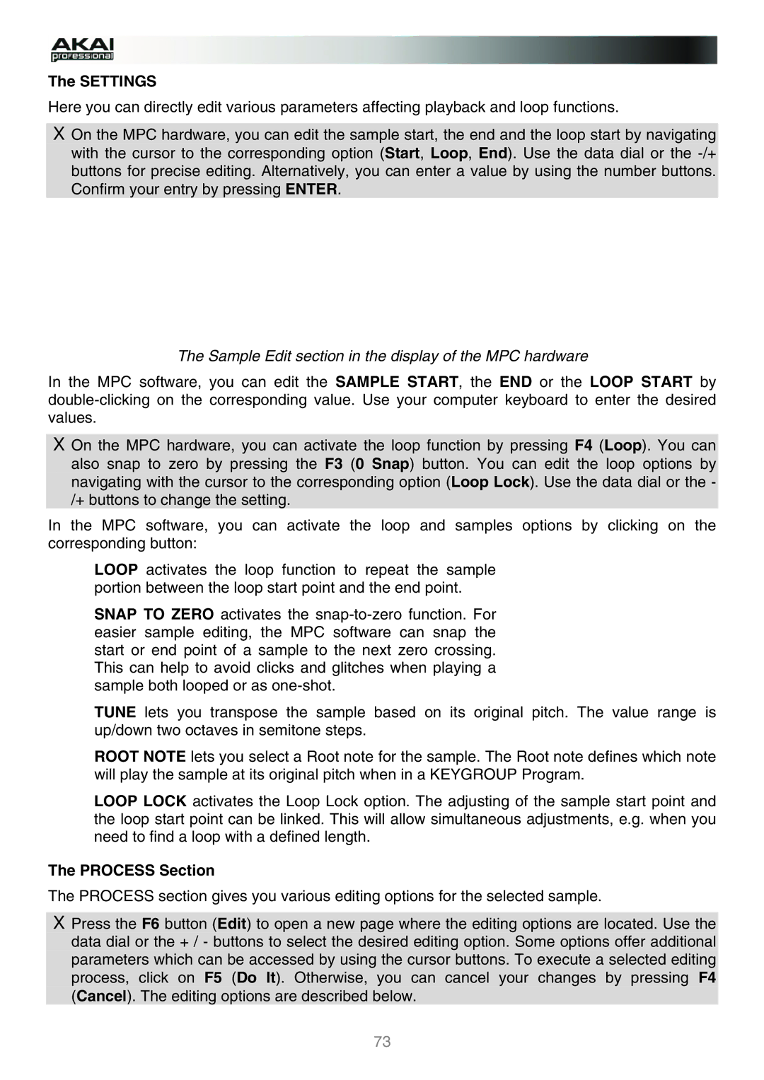 Akai manual Settings, Sample Edit section in the display of the MPC hardware, Process Section 