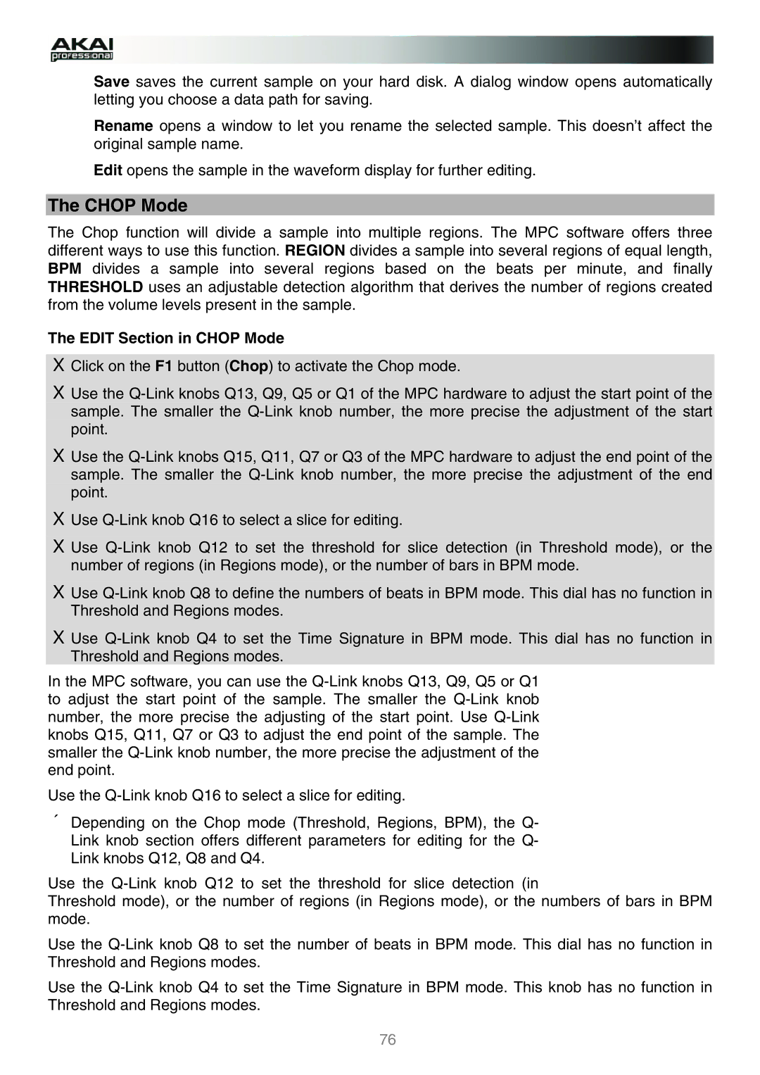 Akai MPC manual Edit Section in Chop Mode 