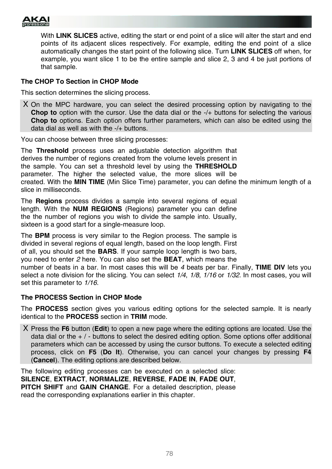 Akai MPC manual Chop To Section in Chop Mode, Process Section in Chop Mode 