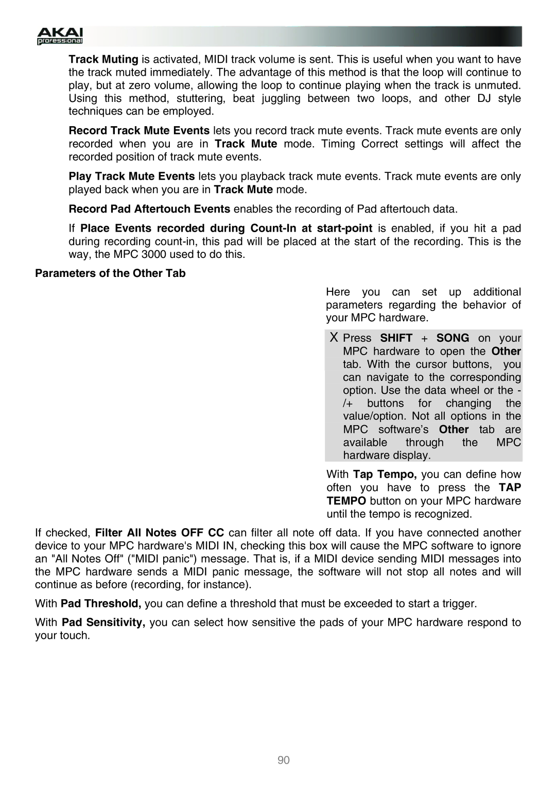Akai MPC manual Parameters of the Other Tab 