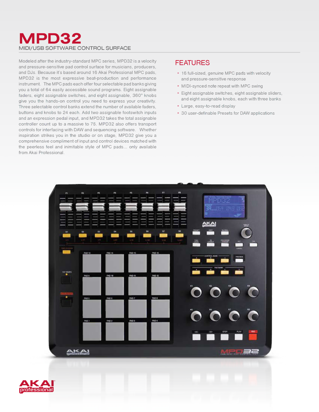 Akai MPC5000 manual MPD32, MIDI/USB software control surface 