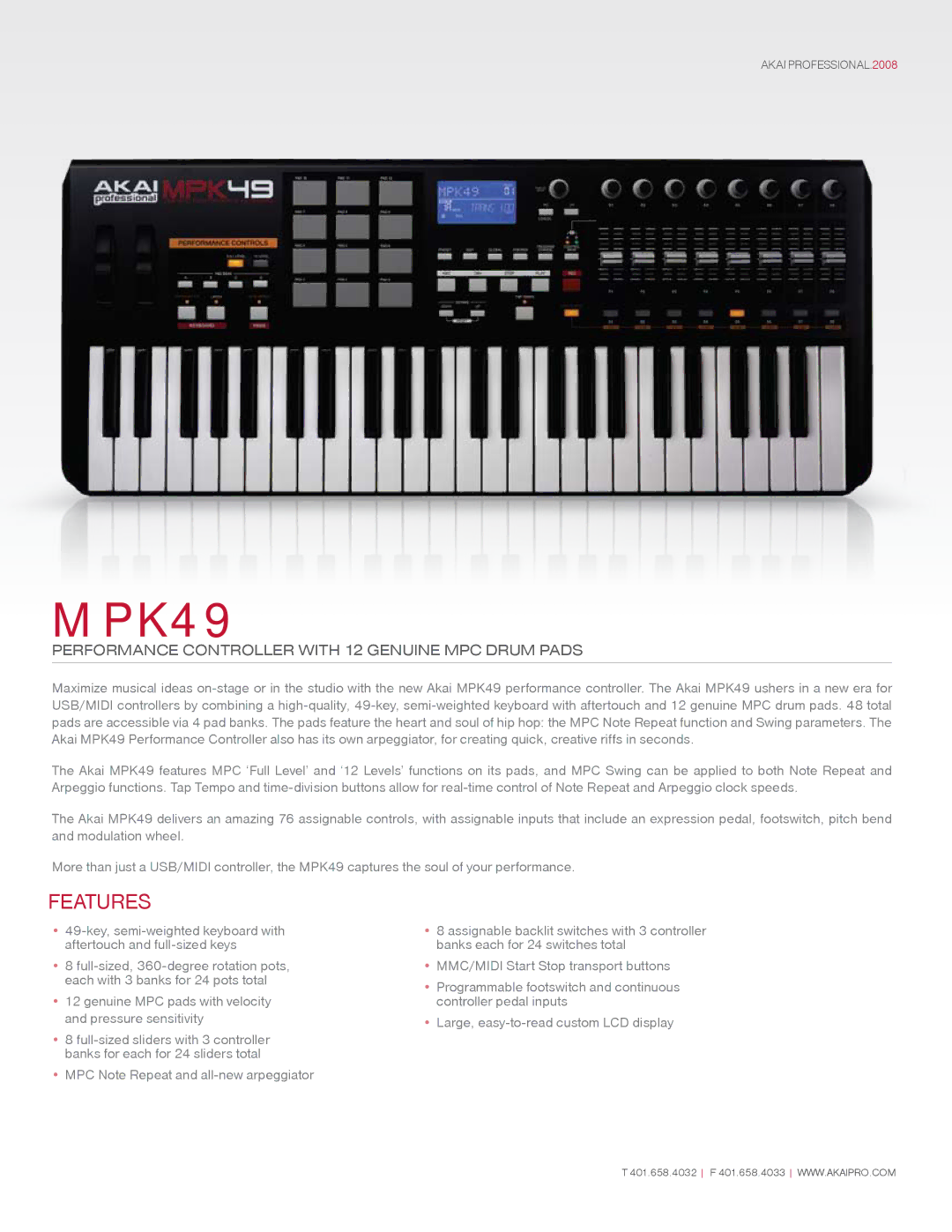 Akai MPC5000 manual MPK49, Performance Controller with 12 genuine MPC Drum Pads 