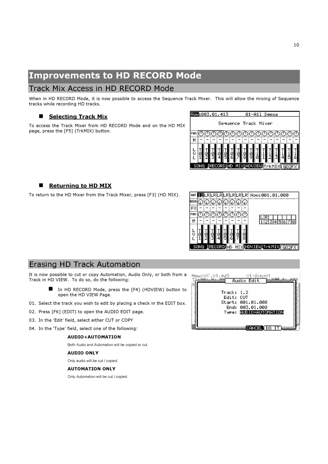 Akai MPC5000 manual Improvements to HD Record Mode, Track Mix Access in HD Record Mode, Erasing HD Track Automation 