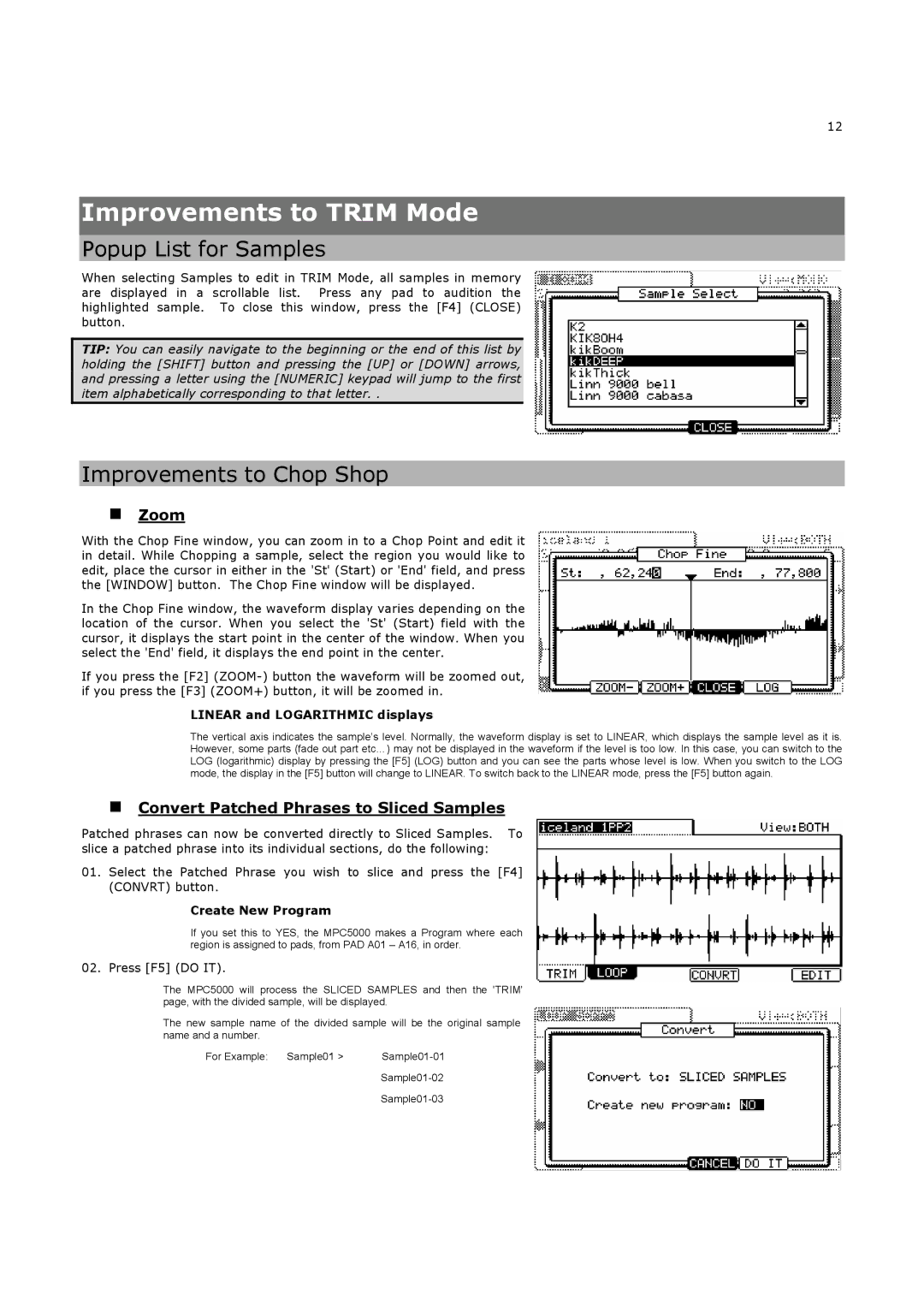 Akai MPC5000 manual Improvements to Trim Mode, Popup List for Samples, Improvements to Chop Shop, „ Zoom 