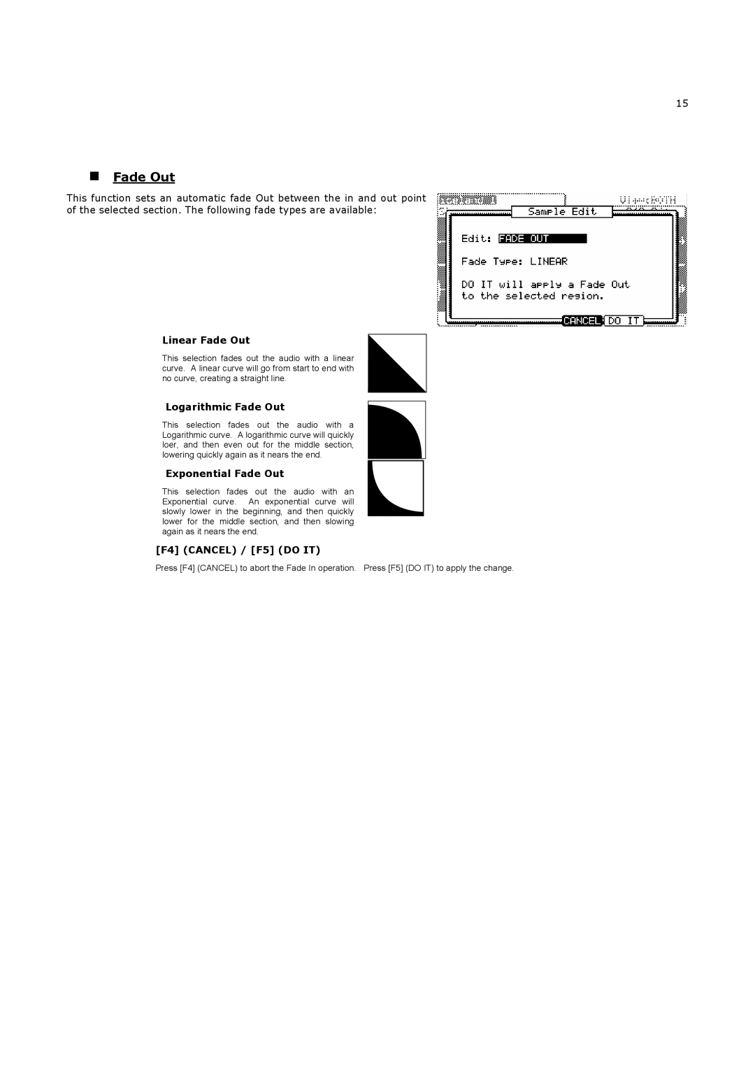 Akai MPC5000 manual „ Fade Out, Linear Fade Out, Logarithmic Fade Out, Exponential Fade Out 