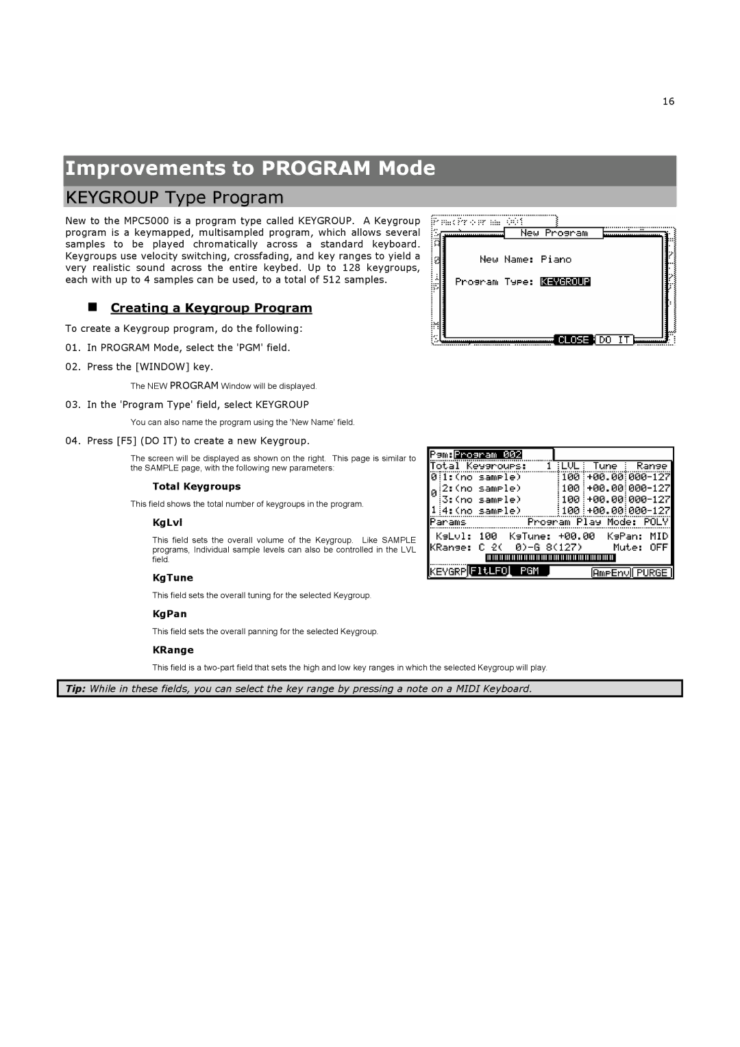 Akai MPC5000 manual Improvements to Program Mode, Keygroup Type Program, „ Creating a Keygroup Program 