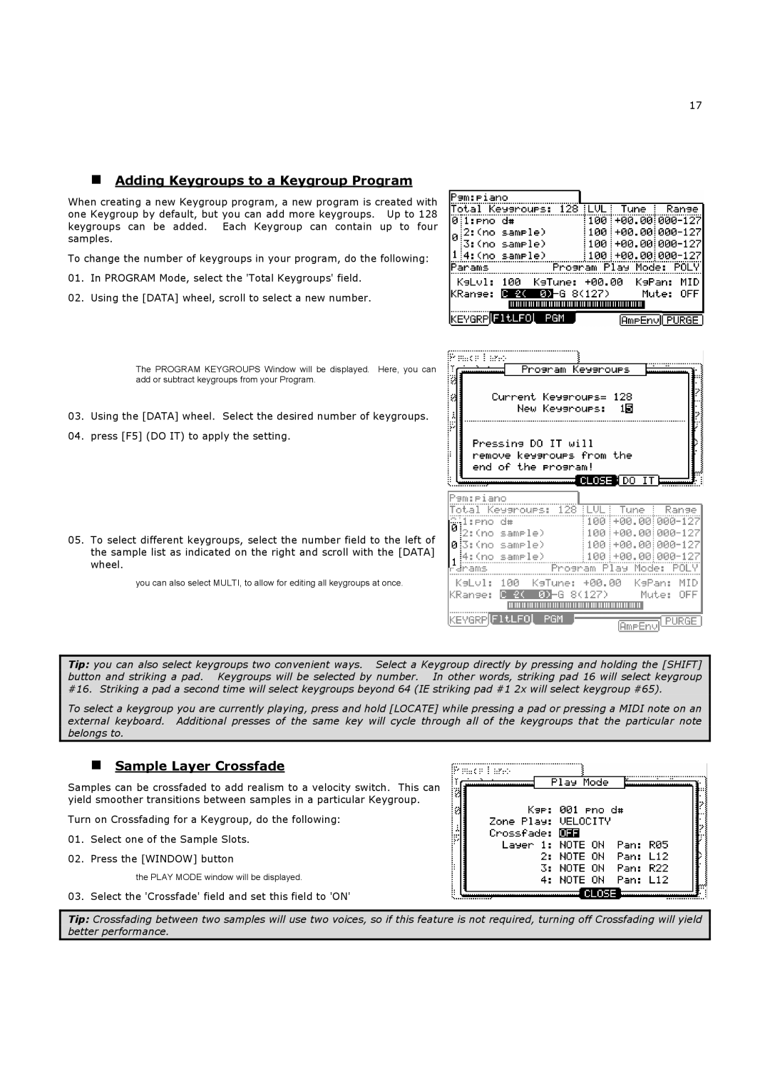 Akai MPC5000 manual „ Adding Keygroups to a Keygroup Program, „ Sample Layer Crossfade 